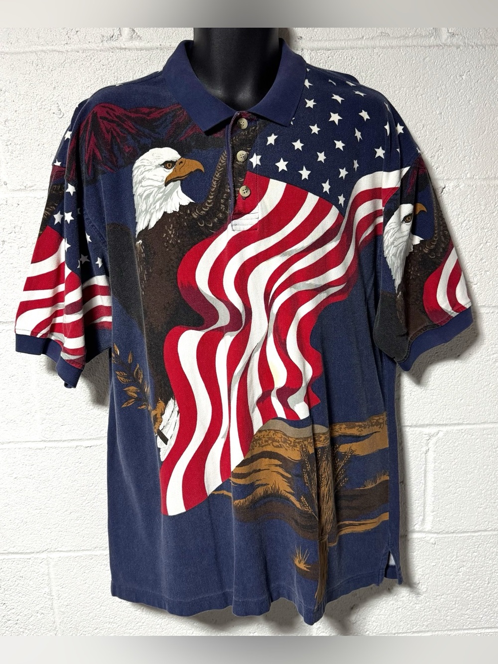Vintage LinkSport by Austad’s Eagle American Flag All Over Print Polo Shirt XXL